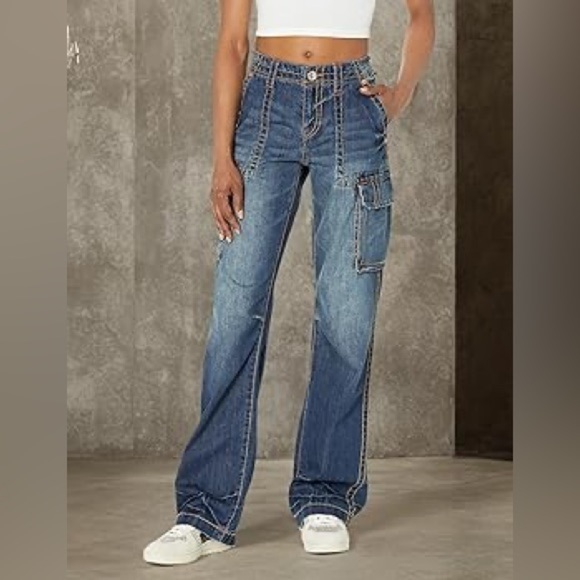 True Religion Women's Cargo Pant Big T Iconic Stiching Size 27 Mosaic Canyon - Picture 1 of 7